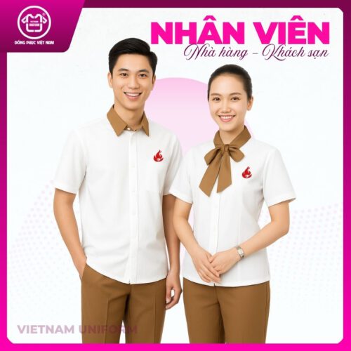 Đồng phục nhà hàng khách sạn mix trắng nâu